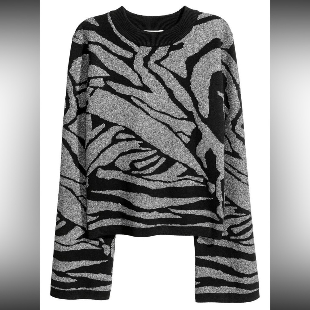 H&M Black Silver Soft Glittered Jacquard Knit Mockneck Sweater Wide Sleeve